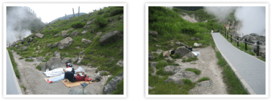 北投石の碑の下にある道路脇の窪地